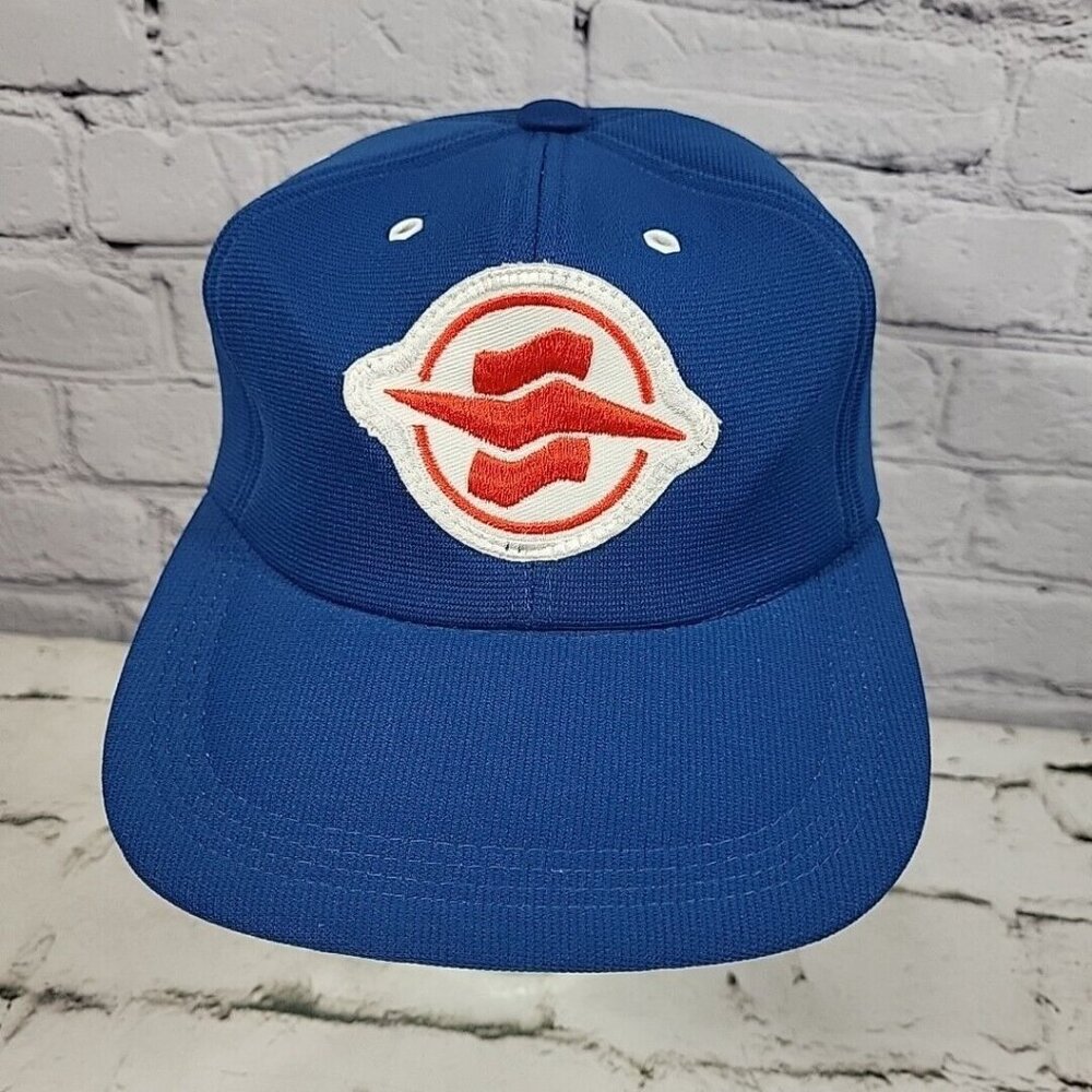 Vintage Snapback Ball Cap Blue Metal Grommets Embroidered Patch‎ Size L Rare Hat